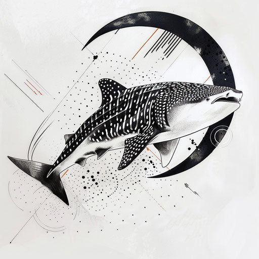 Contemporary flat tattoo sketch of a whale shark with minimalist black and white stripes
