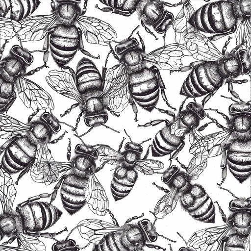 Queen bee surrounded by worker bees. Coloring book page
