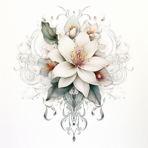 Ornate flower tattoo on white background, Hindu art style