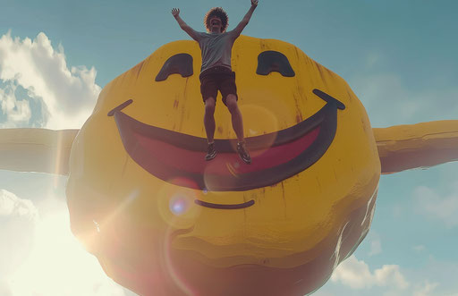 Man jumping in front of smiley face, yellow and maroon
