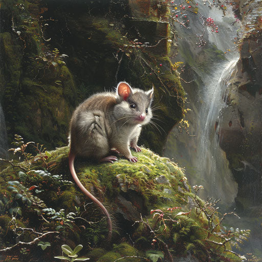 A mountain pygmy standing on a mossy stone, with a waterfall in the background