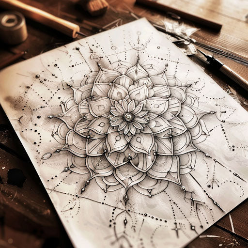 Intricate tattoo sketch of the Flower of Life, detailed mandala background