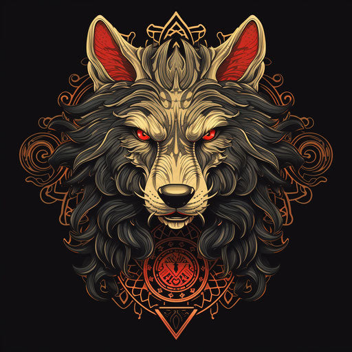 Wolf icon on black background, vintage comic style, embroidery art, hand-drawn animation, high resolution, wes anderson, grindcore