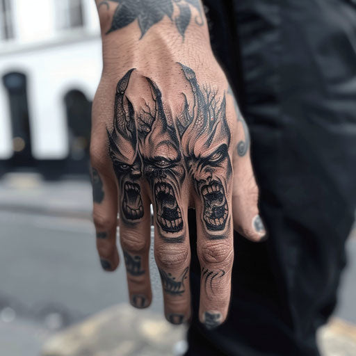 Finger tattoo with eerie demonic faces