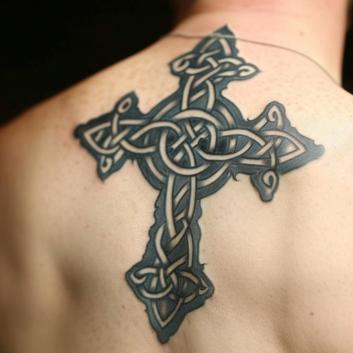 Tribal style Celtic cross tattoo, bold lines on white background