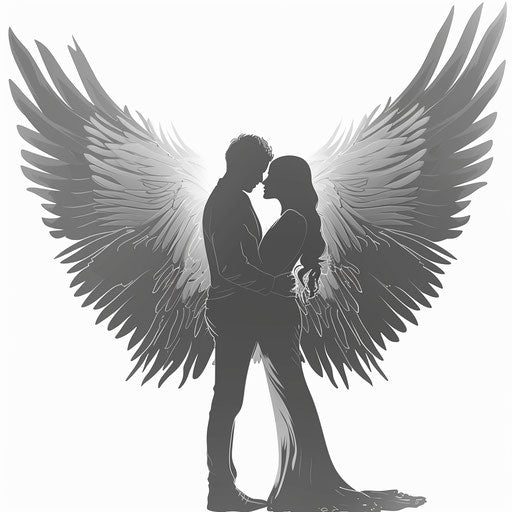 Realistic engagement clipart with flat random background, monochrome palette and detailed wings