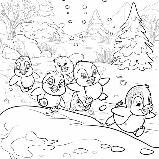 Young playful penguins sliding on their bellies