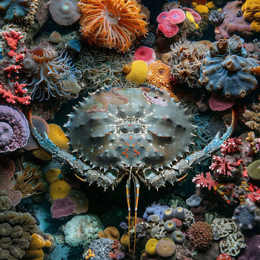 Horseshoe crab surrounded by vibrant coral reefs