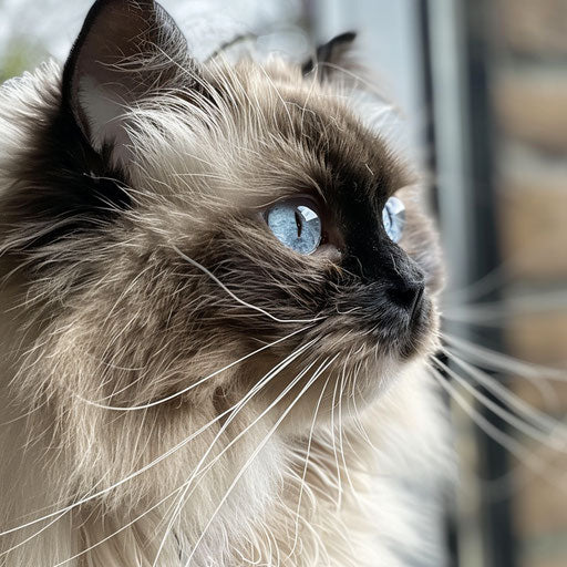 Himalayan cat with fluffy coat, curious outdoors