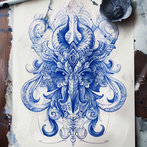 Nautical tattoo sketch of a Batok pattern with oceanic elements and blue tones