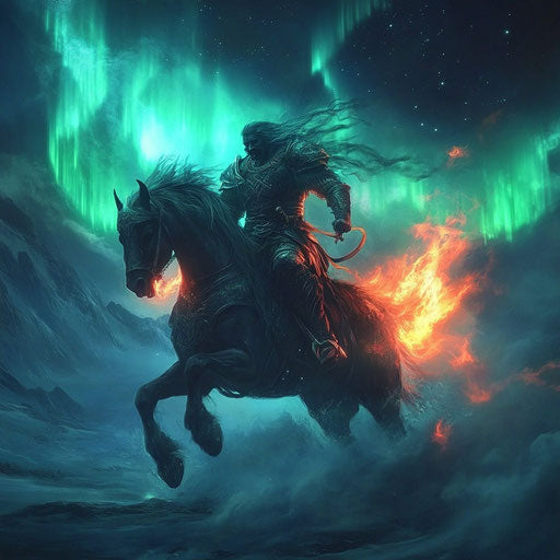 Headless horseman in Norse armor, horse breathing fire