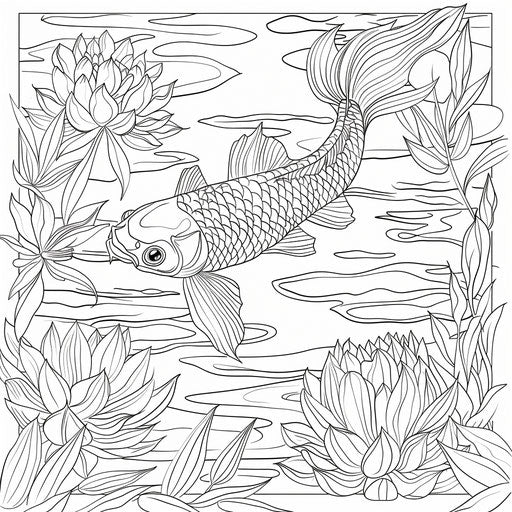 Koi fish swimming in a pond with lilies