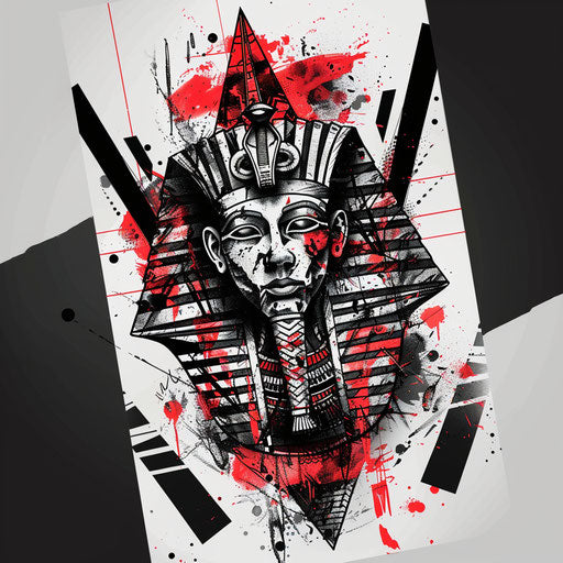 Energetic flat tattoo sketch of a pharaoh with dramatic red and black