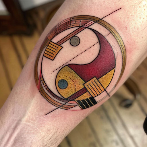 Art Deco yin and yang tattoo with bold geometric shapes and metallic colors on white background