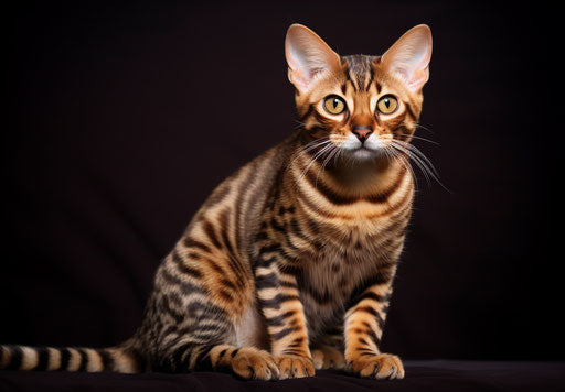 Bengal cat with ears up, light brown and maroon style, intricate hatching