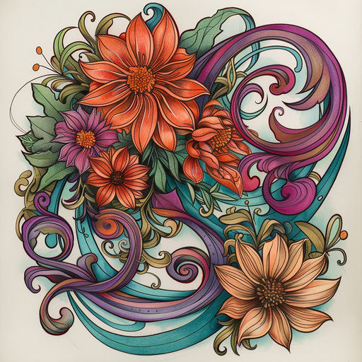 Dynamic tattoo sketch of October birth flowers in a swirling art nouveau style