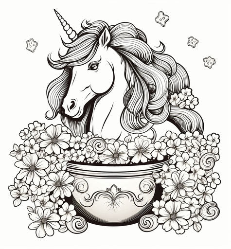 Unicorn in pot of gold with rainbow and leprechaun