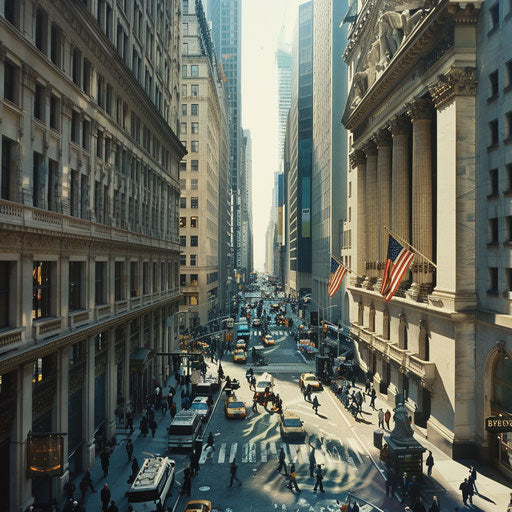 Vibrant financial district with skyscrapers and busy streets