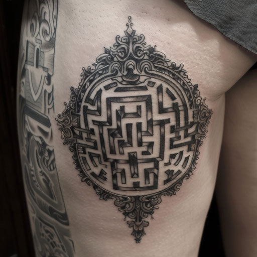 Spiritual tattoos of an intricate maze, in the style of David Palumbo, on the thigh