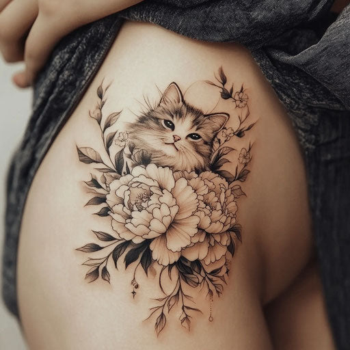 Floral tattoos for women with a cat surrounded by blooming peonies, in the style of Humberto Ramos