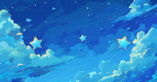 Three stars on a blue sky with clouds, in the style of #screenshotsaturday, gold leaf, toonami, sparse and simple, sparklecore, composed 19:10