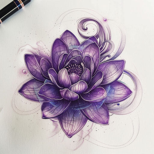 Violet Crown Chakra tattoo design, lotus flower merging with cosmic energy on white background