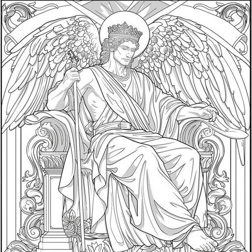 Majestic angel with crown, seated on celestial throne