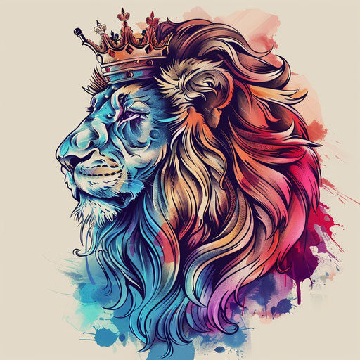 Dynamic clipart style flat tattoo sketch of a lion with a crown
