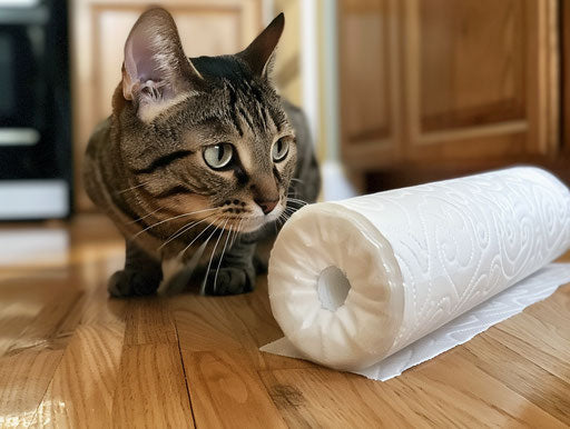 A cat on a wooden floor looking into a paper towel roll