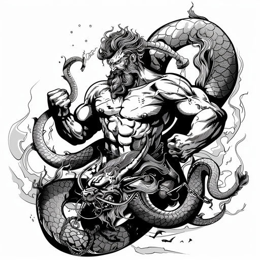 Stylized tattoo sketch of Hercules and the Hydra