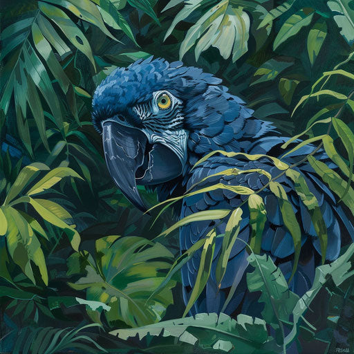 Elusive Spix's Macaw blending in tropical foliage