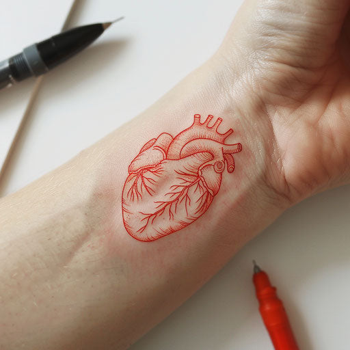 Simplistic single needle tattoo sketch of a heart with minimalist design in bright red
