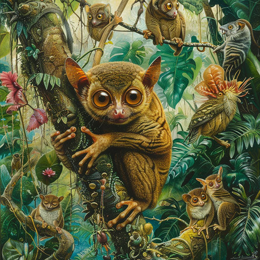 The peaceful coexistence of a tarsier and other rainforest wildlife, highlighting the biodiversity of the habitat