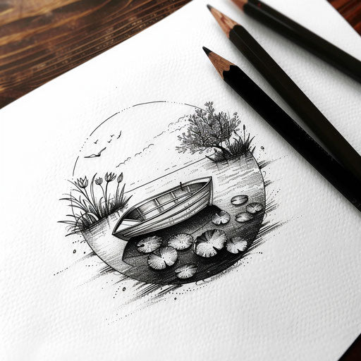 Artistic sketch of a boat floating on a pond with lily pads