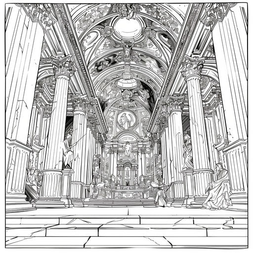 Epic church interior with heroic figures and dramatic lighting