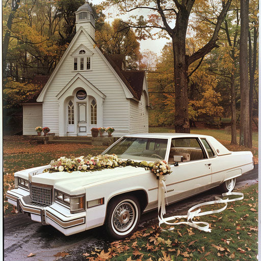 Sophisticated wedding car in front of a picturesque chapel