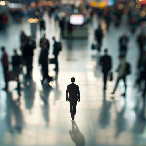 Businessman in the hustle of a trade show floor
