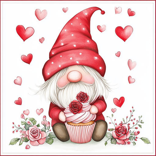 Valentine's Day Gnome with roses and hearts, holding a cupcake