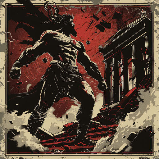 Flat graphic clipart style tattoo sketch of Samson destroying the temple, dramatic and forceful