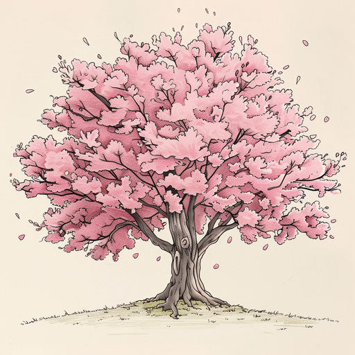 Flat tattoo sketch of a sakura tree in full bloom with a pastel color palette