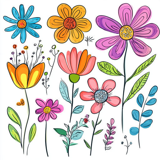 Wildflowers in whimsical doodle, bright colors, playful shapes