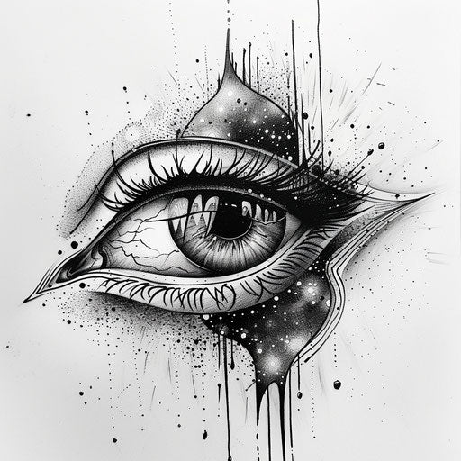 Stylized human eye with cosmic galaxy in tattoo