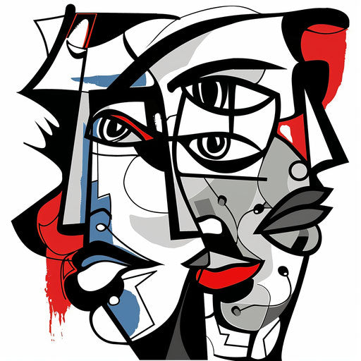 Bold, cubist inspired clipart style flat tattoo sketch of abstract faces