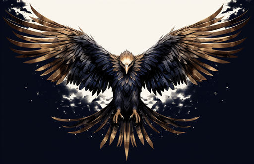 Black eagle on white background, dark beige and navy style, aluminum illusion