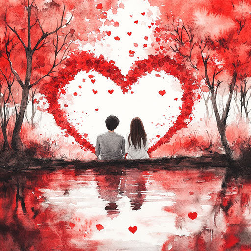 Heart-shaped lake with couple, trees and red falling leaves