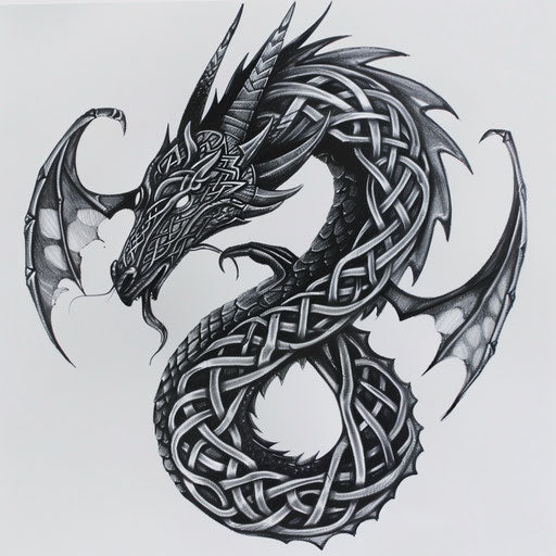 Elaborate Celtic knotwork dragon, black and gray, high contrast