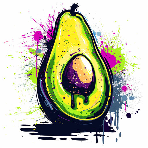 Dynamic flat tattoo sketch of an avocado with abstract neon splashes