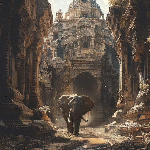 An elephant gracefully navigating between ancient ruins