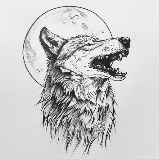Tattoo sketch of a wolf howling at the moon, clipart style