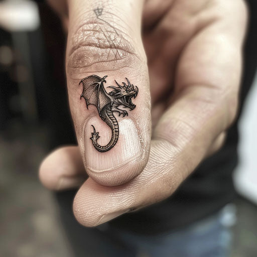 Finger tattoo with a miniature fantasy dragon